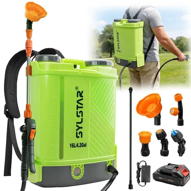 SYLSTAR Pulverizador Electrico 16L, 7Bar Potente Sulfatadora Bateria Compatible con Makita 18V, 5 Boquillas Pulverizador Bateria con Fuerza de Pulverización Ajustable (con Cargador)