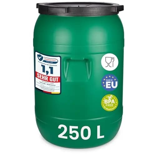 Garronda 250 litros Bidón de plástico, Barril alimentario en HDPE y sin BPA, depósito de Agua, Barril Universal de Boca Ancha, tonel de jardín, Contenedores de Almacenamiento GD-0142, Verde
