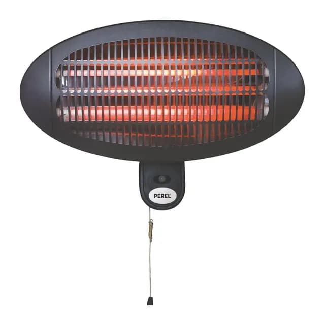 Perel Calefactor de terraza 2000W cuarzo, IP34 resistente al agua, montaje mural con cordón, 3 niveles de calor, inclinable 45°, calefactor exterior para terraza balcón porche jardín negro