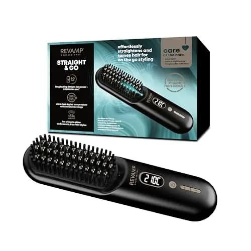 REVAMP Straight & Go Cepillo Alisador Inalámbrico - Plancha de pelo portátil con iones, dientes cerámicos, carga USB-C, 60 min de uso - Cepillo térmico de viaje para cabello y barba