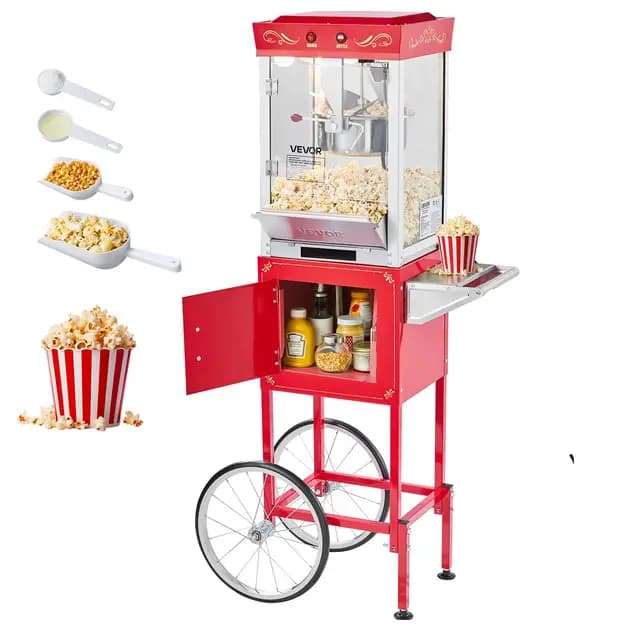 VEVOR Máquina de Palomitas con Hervidor y Carrito, 800 W, 48 Tazas por Carga, Control de 2 Botones, Pared de Vidrio, Puerta de Policarbonato, 1 Cucharada y 3 Cucharas, Tojo, para 6-8 Personas
