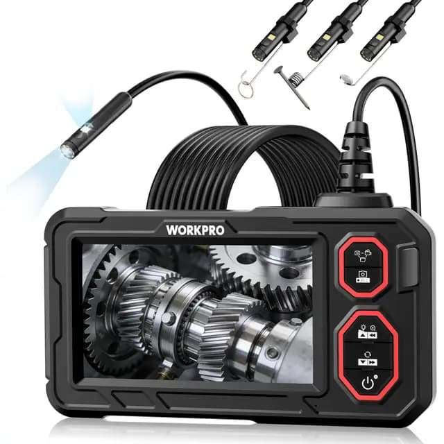 WORKPRO Cámara Endoscópica 1080P HD, Pantalla IPS 4,3", Boroscopio Digital Industrial con Tarjeta TF 32 GB, 8+1 LEDs, Cable Semirrígido 5M, IP67 para Inspección de Tuberías y Automóvil