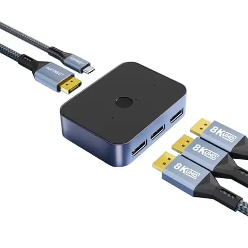 8K DisplayPort 1.4 Switch, DP Switcher 3 in 1 Out, 8K @60Hz 4K @144Hz Umschalter EIN-klickschalter Unterstützt Dolby Atmos, HDR, DTS, DSC, UHD für PC Monitor Laptop