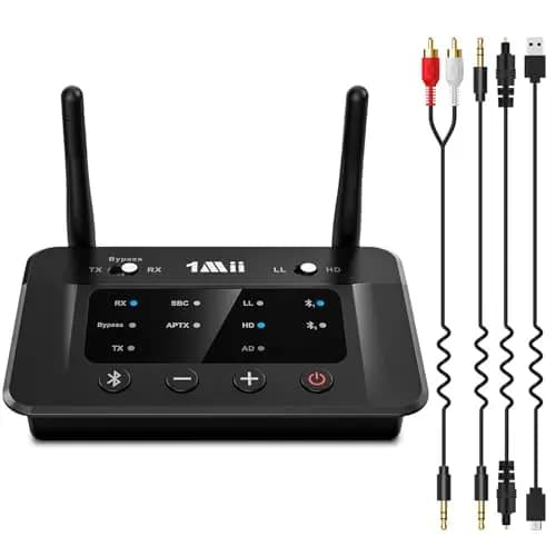 1Mii B03 Transmisor Receptor Bluetooth 5.3 para TV, Adaptador Emisor Audio Inalámbrico aptX LL HD, con Salida/Entrada Óptica/RCA/AUX, Doble Enlace a 2 Auriculares Bluetooth, Estéreo, Largo Alcance 70m