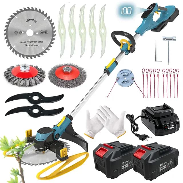 Desbrozadora Batería 21V, Desbrozadora Electrica Brushless 5 En 1 Cortabordes Bateria con 2 Baterías 4,0Ah, Cepillo de Malas Hierbas, Mango Ajustable, para Césped Jardín Poda (Naranja)