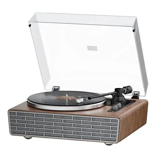 XJ-HOME Tocadiscos con Agudos/Bajos Altavoz,Tocadiscos Bluetooth HiFi con Pastilla AT-3600L MM,Preamplificador de Fono,Transmisión por Correa de 33/45RPM,2 Marchas,AUX in/RCA out