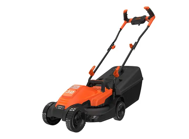 BLACK+DECKER Cortacésped eléctrico 1200W, Ancho de corte 32cm, Empuñadura engomada tipo bicicleta, Bolsa de 35L con indicador de llenado, Altura ajustable, BEMW451BH-QS