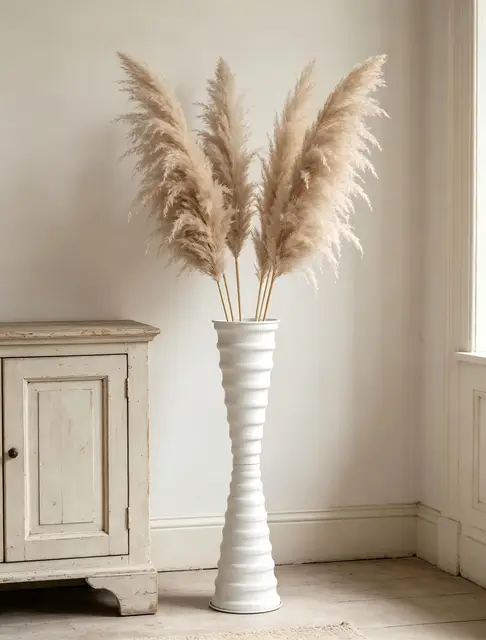 Sziqiqi Jarrones Altos de Piso Blanco: Jarrón Alto y Estable de 66 cm con Base Lastrada para Esquina de Salón - Jarrón Metálico Duradero Esbelto y Fácil de Limpiar para Flores de Pampa