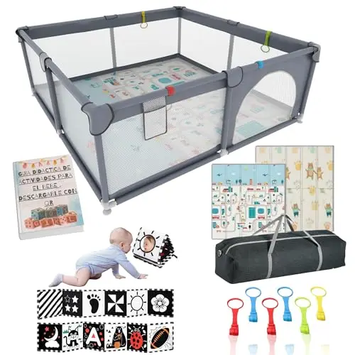 Corralito Bebé XL 150×180 cm + Alfombra Acolchada Reversible+6 Asas de Agarre + Bolsa de Transporte | guia didactica infantil+Contraste Libros de Tela Bebé