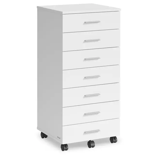 VASAGLE Archivador Móvil, Armario Móvil de Archivos, Cajonera, Soporte para Impresora con 7 Cajones, con Guías Deslizantes sin Tornillos, para Oficina, Casa, Blanco Nube OFC085WB02