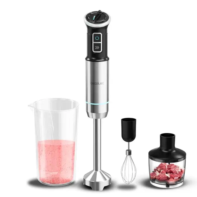 Cecotec Batidora de Mano Power Neutron 1100MAX Pro. 1100W Potencia Máxima, 4 Cuchillas Recubrimiento de Titanio, Velocidad Ajustable, Función Turbo, Pie XL, Vaso 800ml, Picadora y Varilla Montaclaras