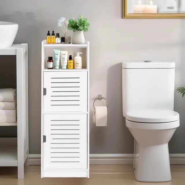 powerking 3 Nivel Baño Armario de Almacenamiento, Organizador Independiente con Puertas, Armario de Piso de Almacenamiento Blanco para Dormitorio, Aseo, Sala de Estar, Cocina, Balcón, Oficina
