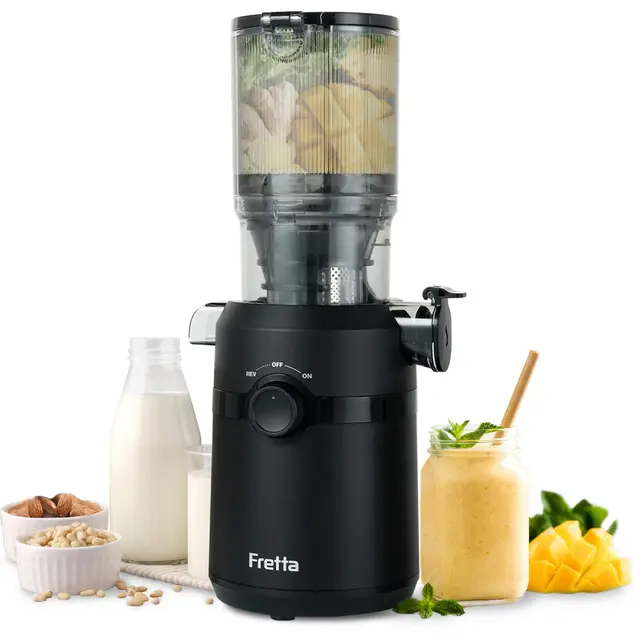 Fretta Extractor de Zumos y Verduras, Apertura de 108MM y Capacidad de 1L, Licuadora Prensado en Frio para Verduras Frutas Enteras,200W Slow Juicer Machine,Fácil Montaje y Limpieza,Sin BPA(Negro Mate)
