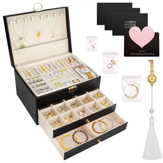 JOTOL Caja Joyero,Joyeros Mujer Organizador con 3 Niveles,Organizador Joyas Cuero PU con Borla y 3 Paños para Pulir Plata,Joyero Grande para Pendientes,Anillos,Aretes,Pulseras y Collares