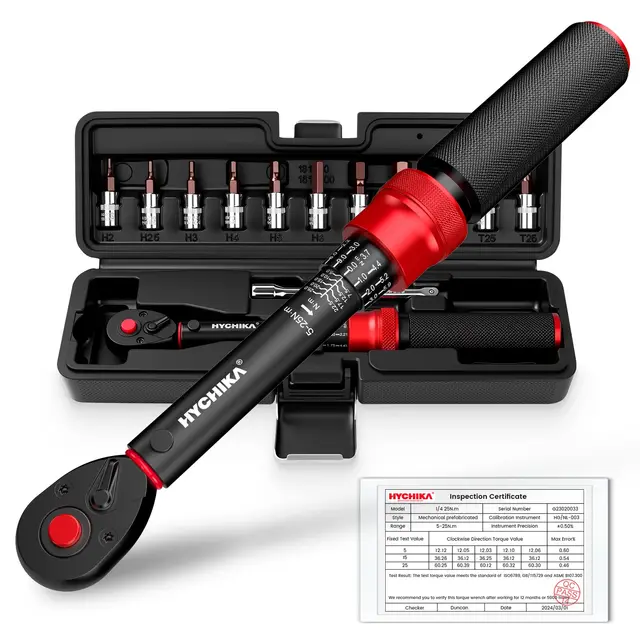 HYCHIKA Juego de 13 Llaves Dinamométricas 1/4" 5-25Nm, Precisión ±2%, Set Llave Dinamométrica Bicicleta 72 Dientes con Alargue, Bits y Estuche.