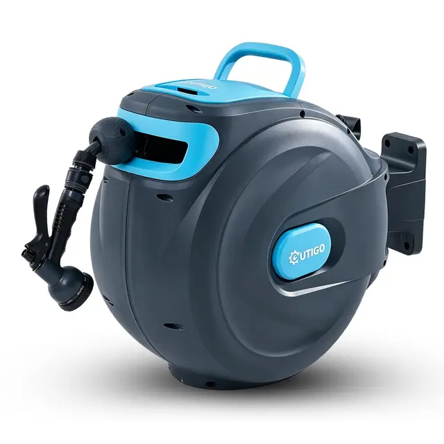 OUTIGO Carrete de Manguera 25m, Rebobinado Automático con Cierre y Soporte Giratorio de 180°, Devanador de Manguera de Agua con Boquilla de 8 Modos para Regar el Jardín y Limpiar e