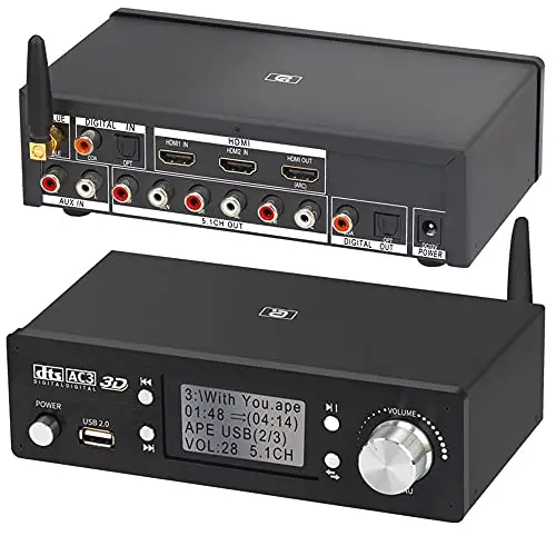 Decodificador de Audio 5.1 con DTS y Dolby, U-Disk con HDMI, Bluetooth 5.0, Fibra Óptica y ARC, DAC y Contenido en 4K * 2K para Extractor y Convertidor HDMI