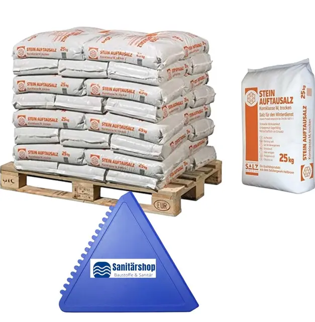 40 x 25 kg de sal de deshielo para deshielo adecuado para el servicio profesional de invierno bolsa de 25 kg incluye 1 rascador de hielo (1 paleta = 40 sacos)