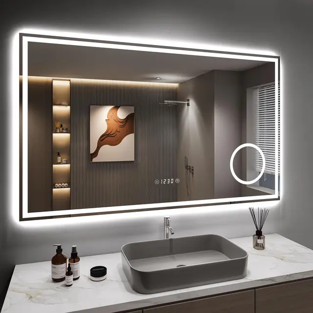 Dripex Espejo de Baño con Luz LED 100 x 60 cm, Antivaho Separado, Dimmable, 3 Colores de Luz, Interruptor Táctil, con Reloj, 3X Magnificación Area y Enchufe Bipolar