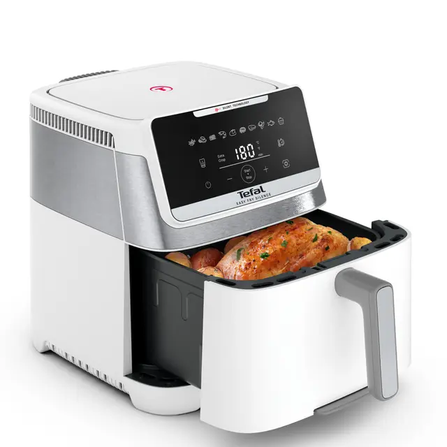 Tefal EY8421 Easy Fry Silence 7L airfryer silenciosa, fácil limpieza y almacenamiento, hasta 8 personas, frontal extraíble, 10 programas automáticos, 40° a 220°C, blanco