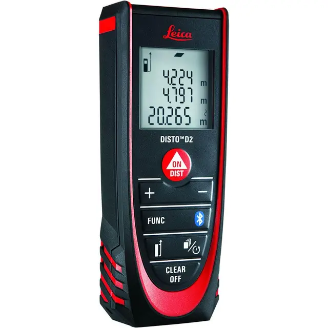 Leica DISTO D2 - Medidor láser de distancia multifuncional con Bluetooth (se conecta a aplicaciones) para mediciones de distancia, área y volumen (uso en interiores y detección automática de extremo)