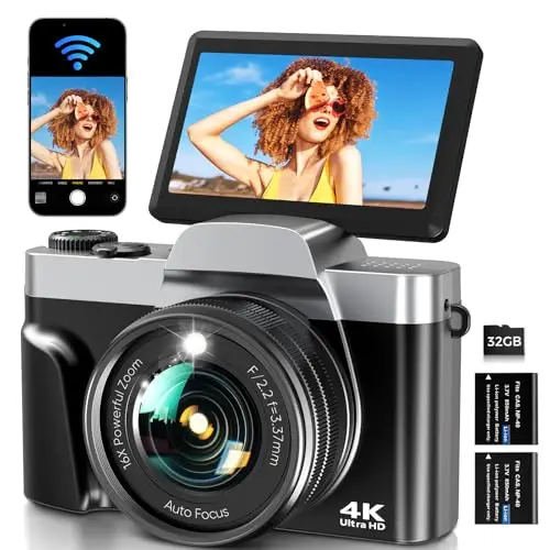 Cámara Digital con WiFi 4K 64MP Cámara de Fotos Digital con Pantalla Abatible 3″ 180°, Zoom Digital 16X, Autofoco, 2 Baterías y Tarjeta 32GB para Adolescentes, Principiante, Vlogging, Grabación