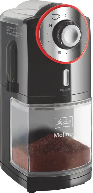 Melitta, Molinillo de café Molino, 1019-01, Molinillo de café eléctrico, Disco de molienda plano, Negro/rojo