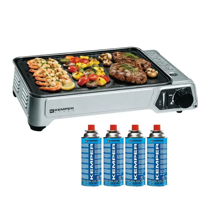 KEMPER - Plancha de gas portátil, 2300 W, antiadherente, con 4 cartuchos de camping gas y maletín de transporte