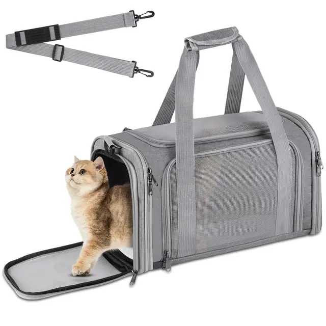 Transportín Perro Gato, Bolsa de Transporte Transpirable Gato Plegable, Aprobado por Aerolíneas, para Pequeños Medianos Gatos Cachorros Gatitos, para en Tren, Coche y Avión, Gris（40x25cm）