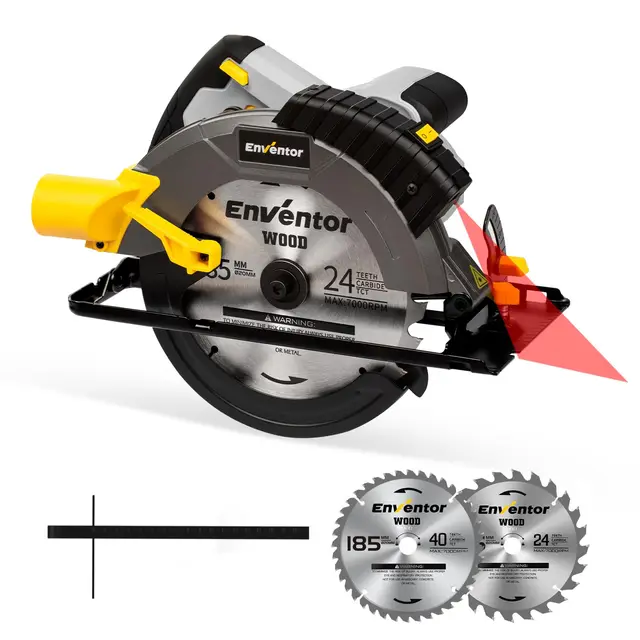 Enventor 1650W Sierra Circular con Guía Láser, Sierra Circular de Mano 5500RPM, Profundidad de Corte 62mm(90°), 46mm(45°), 2 Hojas de Sierra(185mm, 24T+ 40T), Ideal para Cortar Madera
