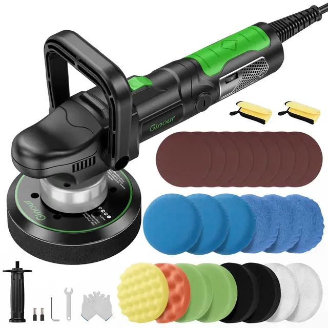 Ginour Pulidora Coche, Pulidora Orbital 1050W, Máquina de Pulir 6400 RPM, 6 Velocidades Variables, Máquina Pulidora con Mango D Desmontable/Mango Lateral, para Pulir y Encerar Automóviles