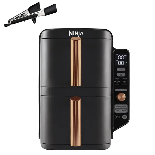 Ninja Double Stack XL Freidora de aire de 9,5 L, doble cajón vertical, 4 niveles de cocción, 2 cajones y 2 rejillas, diseño compacto, 6 funciones, hasta 8 porciones, negro/cobre, SL400EUCP
