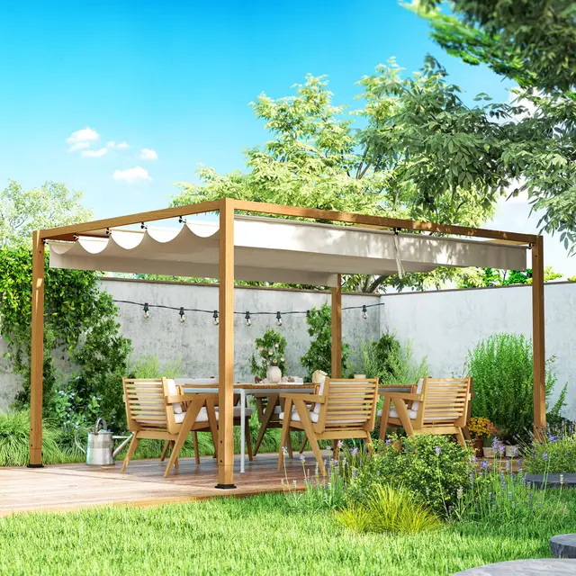 Outsunny Pérgola de Aluminio para Jardín Exterior 4 x 3 m con Techo Retráctil, Sistema de Drenaje, Cenador Refugio Solar para Terraza Patio Veranda, Madera Natural