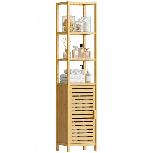 HITNET Mueble Columna Baño Estrecho, Armario Alto Baño Bambu, Gabinete de Almacenamiento con Estantes Ajustables y Compartimentos Abiertos, para Espacios Pequeños, Natural