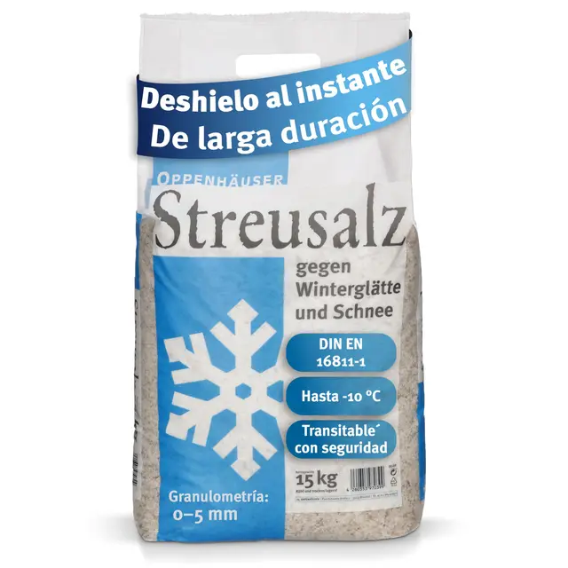 Sal para deshielo 15kg: deshielo inmediato y duradero, sal para eliminar el hielo y la nieve, streu invernal para aceras, accesos y aparcamientos, grano M, DIN EN 16811-1, de alta calidad