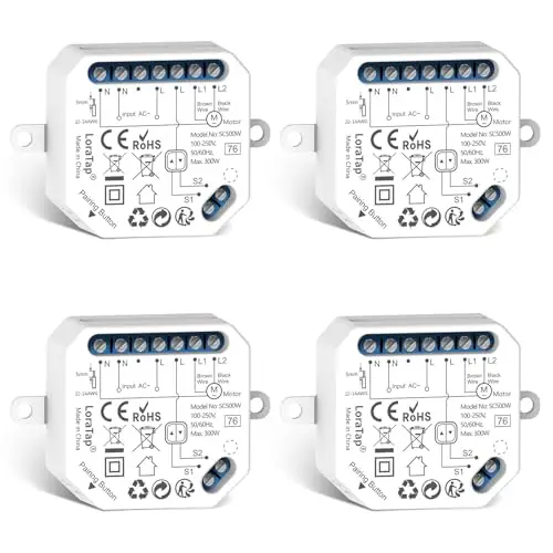 LoraTap Interruptor Persianas WiFi, 4 Piezas Relé de Persiana Temporizador Inteligente para Cortina Eléctrica, Control Remoto por Teléfono, Compatible con Alexa y Google Home para Control de Voz, 300W