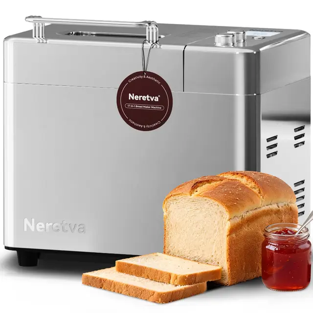 Neretva Panificadora de Pan, Dispensador Auto & Ultrasilenciosa(<30dB) Panificadora con Doble Elemento Calefactor & Antiadherente Cerámica 1KG & Temporizador, 17 Programas-Gluten/Masa Madre/Integral