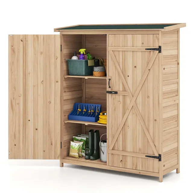 COSTWAY Cobertizo de Madera Maciza, 140 x 51 x 163 cm, Armario Exterior Techo Asfáltico Inclinada, Estantes Removibles y Puertas con Cerradura, Caseta Madera Jardin Exterior
