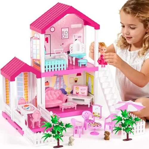 2 Piso Casa de Muñecas para Niñas con Muebles Casita de Muñecas DIY Juguetes Casa de Ensueño Miniatura Perros,Dormitorio,Comedor,Casa de Princesa de Regalo Juguete para Niños 3 4 5 6 Años