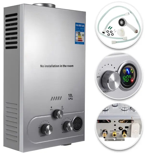 12L Calentador de Agua a Gas LPG Calentador de Agua a Gas Butano 24KW Calentador de Agua de Gas Licuado de Petróleo sin Tanque,para Baño/Cocina/Autocaravana/Camping/Al Aire Libre etc. (12L)