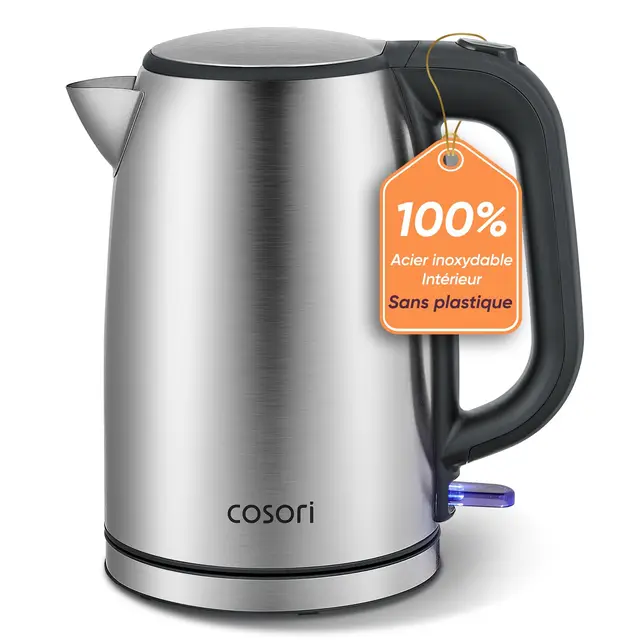 COSORI Hervidor de Agua Eléctrico 1,7L Acero Inoxidable 304, 2200W, Sin Plástico en Contacto con el Agua, Sin BPA, Ebullición Rápida, Termostato Strix, Base 360°, Apagado Automático, Negro/Plata