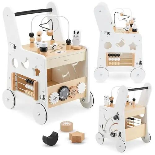 Mamabrum Caminadora y Andador Bebé 6 en 1 - Mesa Educativa de Madera con Ábaco, Engranajes y Juegos - Centro de Actividades para Primeros Pasos - 31 x 28 x 49 cm