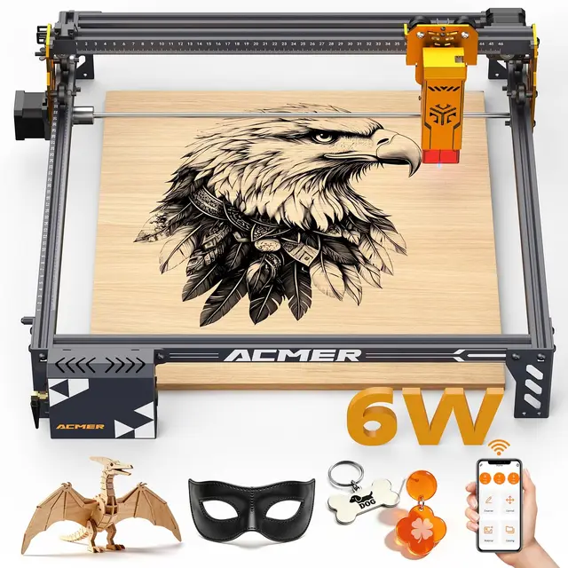 Acmer P1 S Pro MáQuina de Grabado LáSer de 6 W, Superficie de Grabado de 380 × 370 mm, Cortadora LáSer para Proyectos de Bricolaje en Madera, Metal, AcríLico, Cuero, Etc.