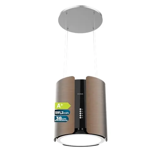 Cecotec Campana Extractora de Isla Redonda 38cm Bolero Flux CRE 385500 Cobre A+. Motor DC, Bajo Consumo, Acabado en Cobre, Succión 591,2 m³/h, Control de Botones Electrónicos, Filtro de Carbono