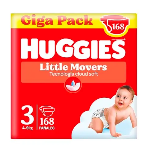 Huggies Little Movers Pañales para Bebé con Diseños Disney Talla 3 (4-9 kg), Comodidad para la Piel 24/7, 3 Packs de 56, Total 168 Pañales