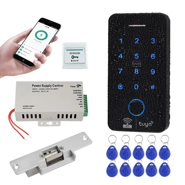 Kit de Sistema de Control de Acceso WiFi Tuya Teclado RFID Biométrico Impermeable 125KHz 13,56 MHz con Cerradura de Puerta Eléctrica, Fuente de Alimentación DC12V + 10 Llaves