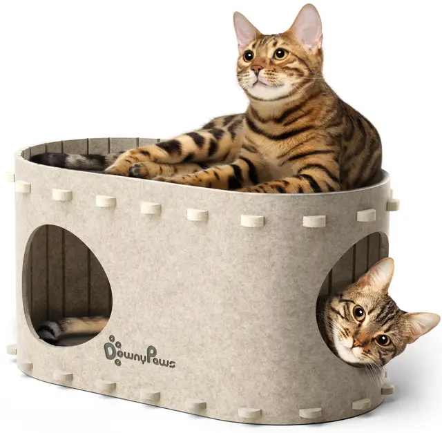 DownyPaws Cama Gato de Fieltro, Cama Gatos Cueva 2 en 1 para Descansar y Jugar, Casitas para Gatos, Robustas y Resistentes a los Arañazos, Fácil de Limpiar y Montar, Beige