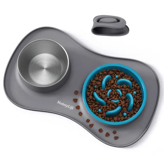 MateeyLife Juego de Boles para Perro 3 en 1, Comedero Antivoracidad Perro y Bebedero de Acero Inoxidable con Alfombrilla Antideslizante de Silicona, Cuencos para Perros de Todas Las Razas 43.7×25.9 cm