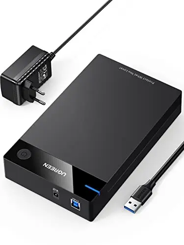 UGREEN Carcasa Disco Duro SATA SSD 3.5" 20TB, Caja SSD USB 3.0 con UASP Comaptible con PC, Xbox X/S, PS4, con Cable y Adaptador de Corriente 12V 2A