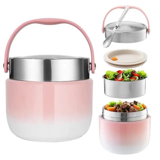 Recipiente Térmico para Alimentos 1200 ml Termo Comida Caliente Adulto con Cuchara Plegable Fiambrera Termica Para Guardar Comidas,Almuerzos,Gachas,Sopas (Rosa)